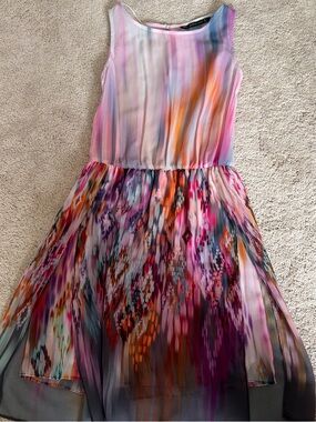 vintage Multicolor Watercolor Print Chiffon Dress